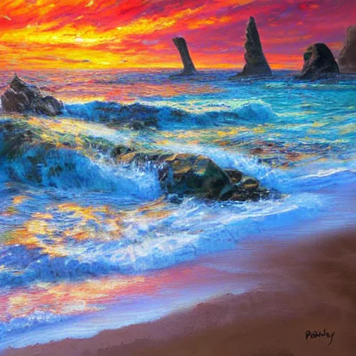 Prompt: acrylic painting, impressionism and expressionism, strong emotional impact, bold pastel colors, expressive brushstrokes. by peter mohrbach and mark keathley. fantasy illustration of the shore of the island of monuments and statues. spectacular sunset, stone monuments on the beach. beautiful and vivid trending on artstation hq 8 k contest winner # wow