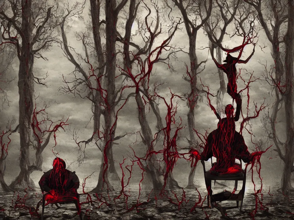 Image similar to a portrait of a man with five heads, twelve arms, sitting on chair made of human limbs, the chair is floating in a lake of blood, around the lake are melting trees, the man's limbs are merging with the trees, digital art, hyperrealistic nightmare scene, supernatural, highly detailed, creepy, terrifying