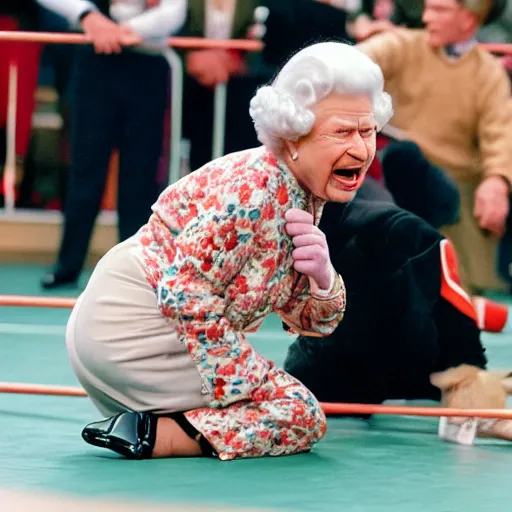 Image similar to elderly woman screaming at queen elizabeth ii as a 1 9 8 0 s wrestling action figure, canon eos r 3, f / 1. 4, iso 2 0 0, 1 / 1 6 0 s, 8 k, raw, unedited, symmetrical balance, wide angle