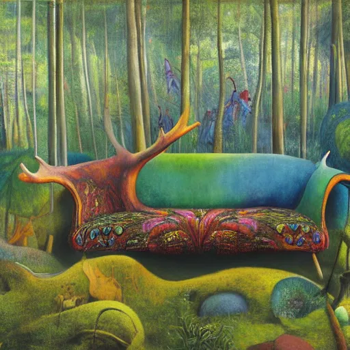 Image similar to psychedelic couch sofa in the lush pine forest, milky way, moose antlers, designed by arnold bocklin, jules bastien - lepage, tarsila do amaral, wayne barlowe and gustave baumann, cheval michael, trending on artstation, star, sharp focus, colorful refracted sparkles and lines, soft light, 8 k 4 k