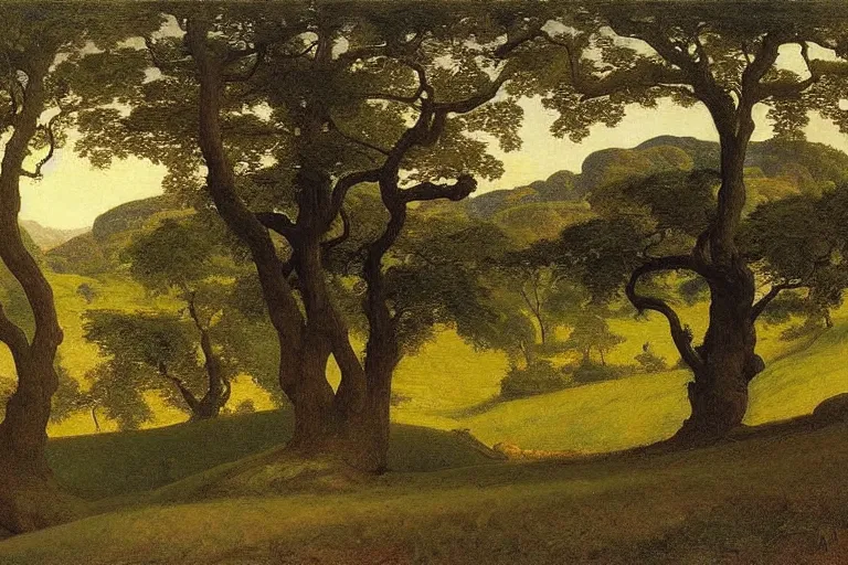 Prompt: masterpiece painting of oak trees on a hillside overlooking a creek, dramatic lighting, by elihu vedder