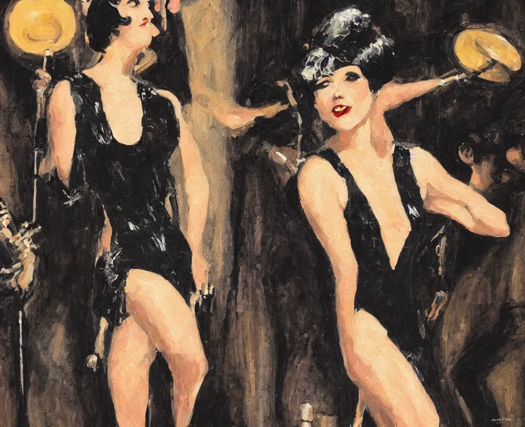 Prompt: realistic oil painting of a 1 9 2 0 s short - haired flapper woman in black satin gloves dancing in front of a stage, at a jazz band performance in a dimly lit speakeasy, jazz age, precise, wide shot, cohesive, stylistic, art deco, cinematic, low - lighting