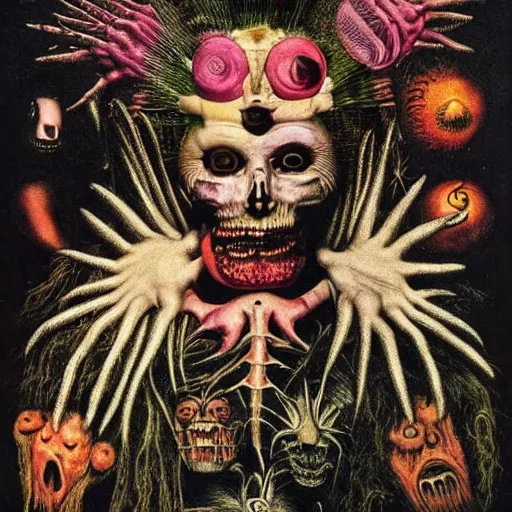 Prompt: post - punk new age album cover, magic, apocalypse, psychedelic, psychonaut, black white pink, magic, giger h. r., giuseppe arcimboldo