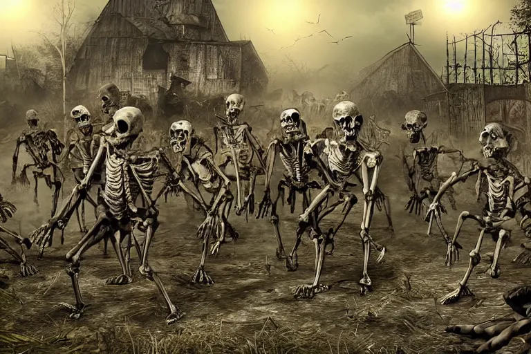 Prompt: zombies corpses and skeletons run into the village, dark night, highly detailed digital art, photorealistic