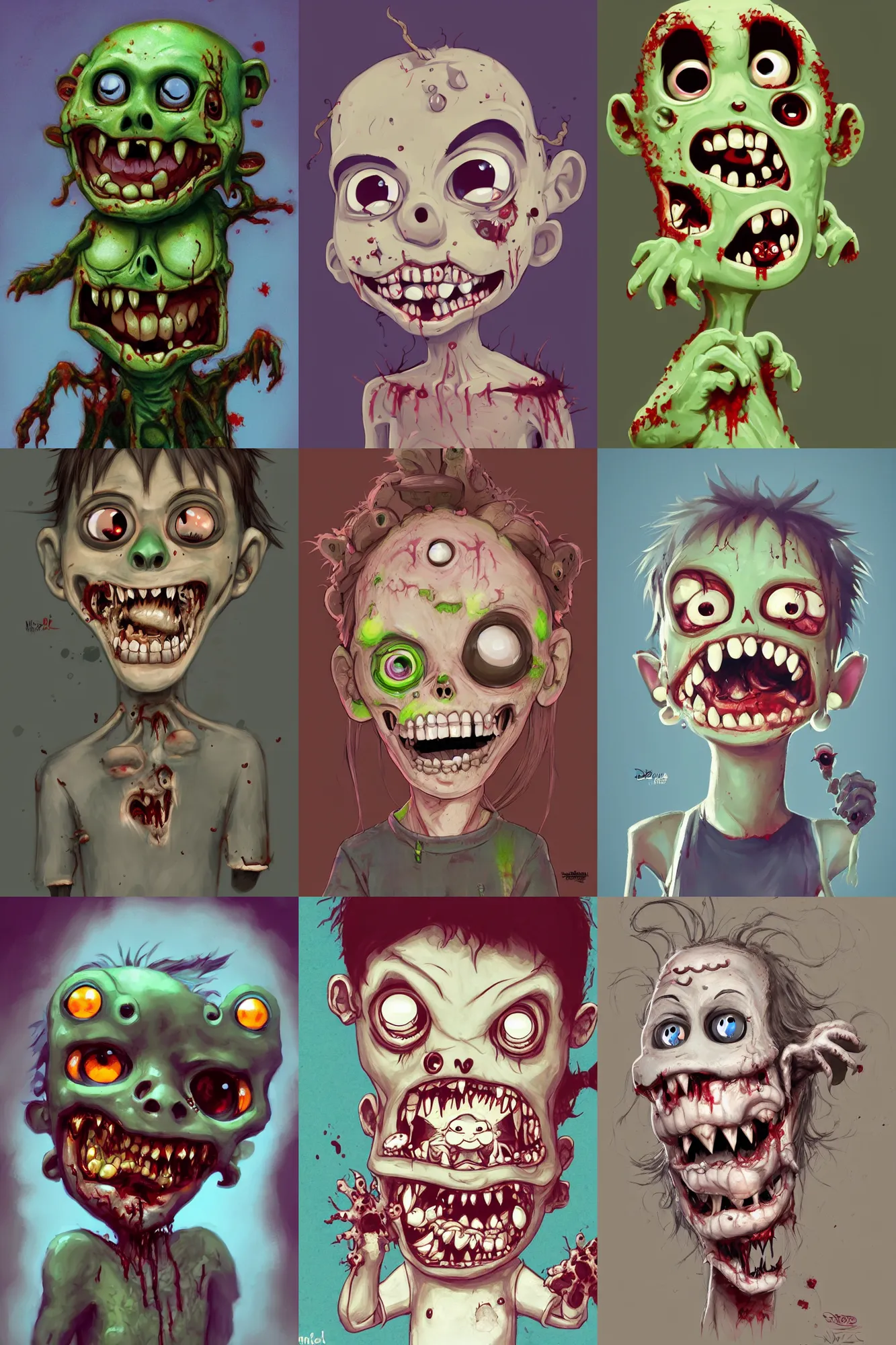 Prompt: cute zombie smiling, by normal rockwell and pixar, disney, aardmsn, dreamworks, cute face, highly detailed, digital painting, artstation, concept art, sharp focus, illustration, character design by studio ghibli, anime style