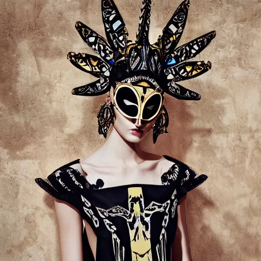 Prompt: valentino resort ss 2 0 1 7 dress with ornate mask headpiece, model lounging by cybernetic ancient ruins