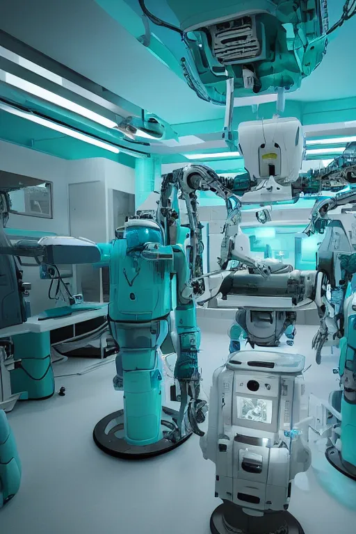 Prompt: interior of robotic medical facility, mecha, teal, highly detailed, low light, horror theme