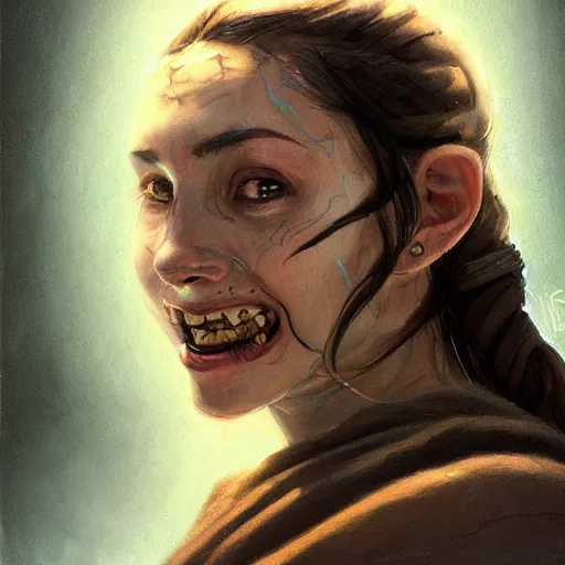 Image similar to portrait of an woman by Greg Rutkowski, she is about 20 years old, pretty, long brown wavy hair, tribal tattoos on her face, scar near her mouth that makes her look like she's smiling all the time, wearing jedi robes, Star Wars Expanded Universe, highly detailed portrait, digital painting, artstation, concept art, smooth, sharp foccus ilustration, Artstation HQ