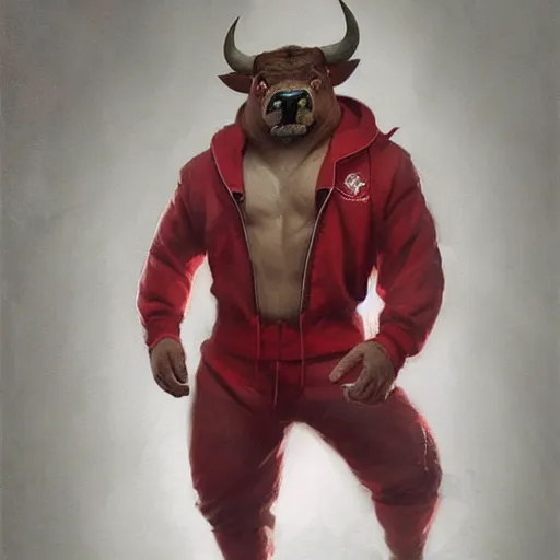 Image similar to a award winnimg commission portrait of a fit anthro bull wearimg a red tracksuit,digital art,art by greg rutkowski,character design by charles bowater,professional character design,ross tran,artstation,deviantart,photorealistic,detailed face,hyperdetailed,4k