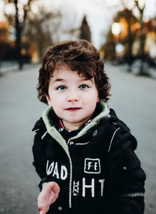 Prompt: a personal close up portrait of a 1 year old man from switzerland, his hair is brown and short, his eyes are green, his face is symmetric and friendly, he's proud to be where he is in life, black jacket, ambient light, beautiful composition, magazine photography, full frame, 5 0 mm, f 1. 8