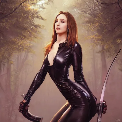 Image similar to full body portrait of a female wearing a skintight leather jacket holding a sword in a forest, large thighs, perfect face, beautiful! coherent!, intricate, elegant, highly detailed, digital painting, artstation, smooth, sharp focus, illustration, art by artgerm and greg rutkowski and alphonse mucha, 8 k