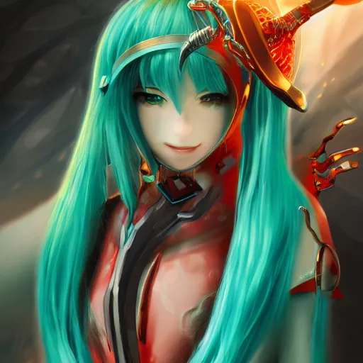 Prompt: Hatsune Miku as an Elden Ring boss, digital art, game graphics, trending on artstation, highly detailed