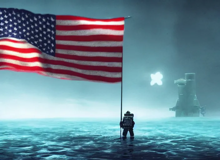 Image similar to astronaut holding a flag in an underwater desert. a submarine is visible in the distance. dark, concept art, cinematic, dramatic, atmospheric, 8 k, trending on artstation, blue, fish, low visibility, fog, ocean floor, christopher nolan, interstellar