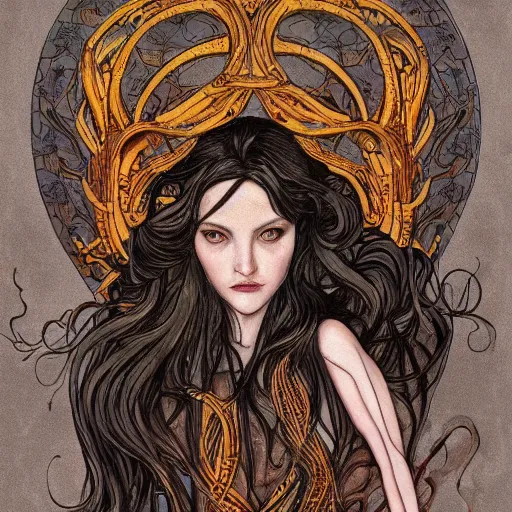 Image similar to character concept portrait of a beautiful woman with pale full face, medusa, headful of snakes, arthur rackham, blue / grey eyes, elegant, digital painting, art nouveau, smooth, focus, red glow