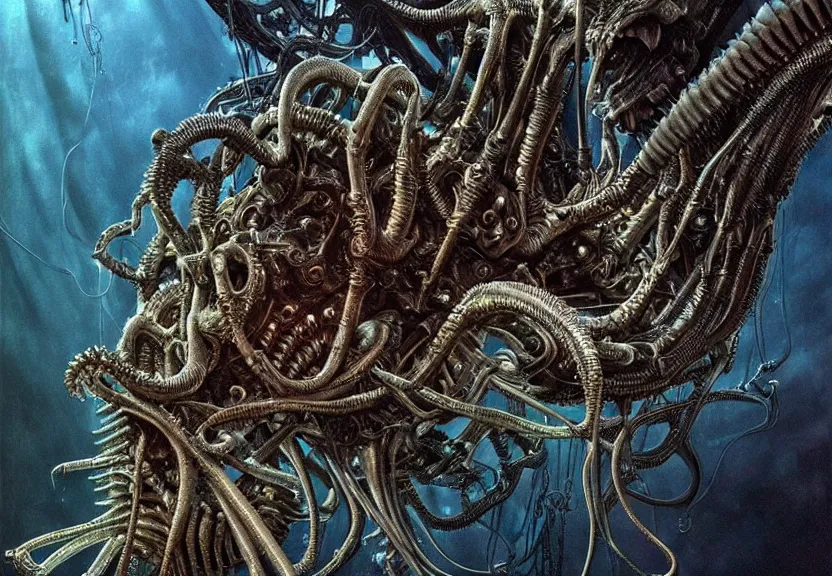 Prompt: extremely detailed. full body pictures of a cybernetic shark jellyfish engine. underwater photography. claws. biomechanical giger ’ s xenomorph. the thing. detailed and intricate environment, wide angle, hyperrealism, plants and jungle, detailed and intricate environment, reflective, dynamic lighting, rembrandt, 8 k