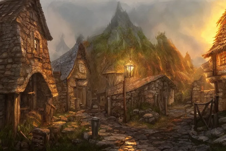 Prompt: A small medieval village, fantasy, D&D, concept art, sharp focus, trending on artstation, digital painting, midday, sunny, beautiful, texture, wizards of the coast, tabletop, roleplay