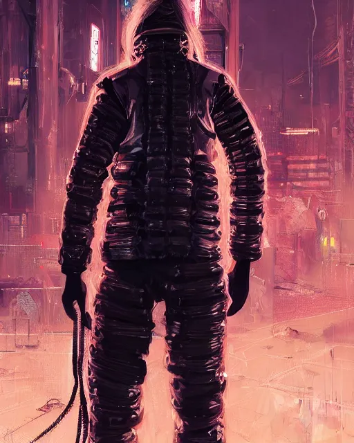 Prompt: detailed portrait Neon guard boy with long straight blonde hair seen from the back, cyberpunk futuristic, reflective puffer jacket, black leggings, decorated with traditional ornaments in front of a dystopian crowd with piles of garbage by Ismail inceoglu dragan bibin hans thoma, Perfect face, fine details, realistic shaded, fine-face, pretty face