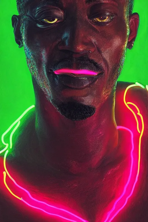 Image similar to detailed portrait of an African male with face augmentations, strong neon lighting, Afrofuturism, extravagant feathered collar, by glenn fabry, hyper realistic, HD, oil on canvas