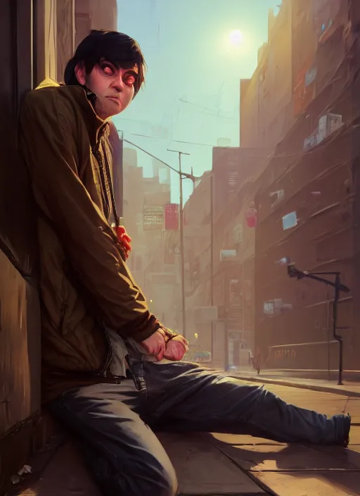 Image similar to Highly detailed full-body portrait of homeless Martin Shkreli, in GTA V, Stephen Bliss, unreal engine, fantasy art by Greg Rutkowski, Loish, Rhads, Makoto Shinkai and Lois van baarle, ilya kuvshinov, rossdraws, Tom Bagshaw, global illumination, radiant light, detailed and intricate environment