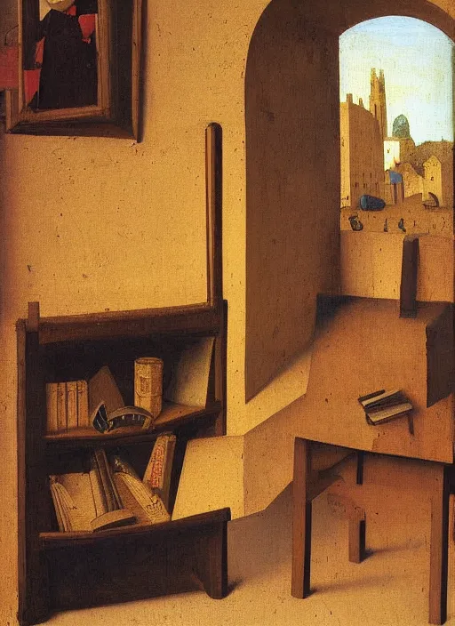 Image similar to bookshelf with books and children toys, medieval painting by jan van eyck, johannes vermeer, florence