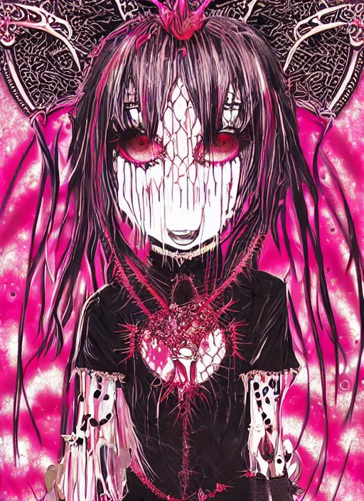 Image similar to spiked bloodmoon sigil stars draincore, goregrind album cover, baroque bedazzled gothic royalty frames surrounding a hellfire hexed witchcore aesthetic, dark vhs broken hearts, neon glyphs spiked pixelsort fairy kei decora doll by guro manga artist Shintaro Kago