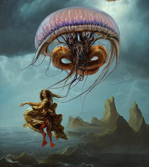 Image similar to an anatomical oil painting of a Harpy jellyfish from a medical journal by Peter Mohrbacher and Nychos, highly detailed, high detail, 8k, storm clouds, birds, dramatic lighting