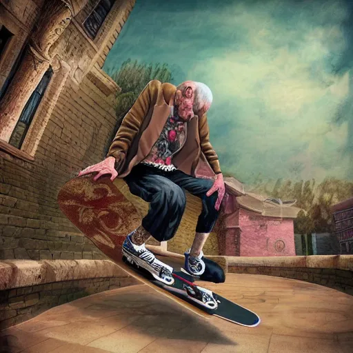 Image similar to old seniors retired people skateboarding tricks with tattoos piercings digital art, 3 d high definition, trending on artstation, photorealistic, high resolution, 8 k, octane, hyper detailed, trending on deviantart insane details, intricate, elite, ornate, elegant trend, highly detailed and intricate, sharp focus, photography, unreal engine