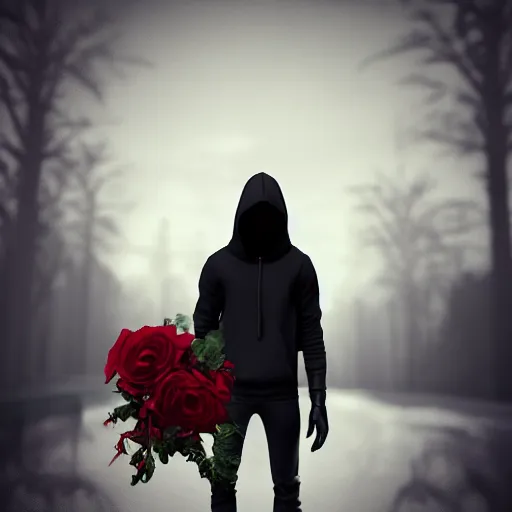 Image similar to wolf like a human, dressed black hoodie, holding red rose in hand, trending on ArtStation, octane render, blender, 8k,