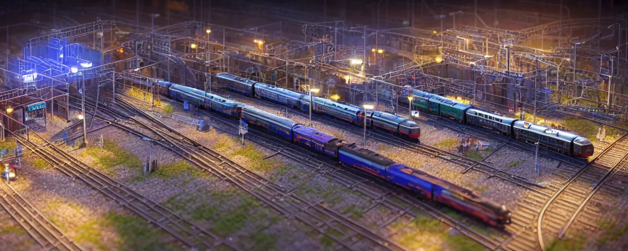 Image similar to mega detailed miniature voxel diorama of huge railway station by night, futuristic architecture, tilt shift, volumetric lighting, several trains on rails, near future 2 0 3 0