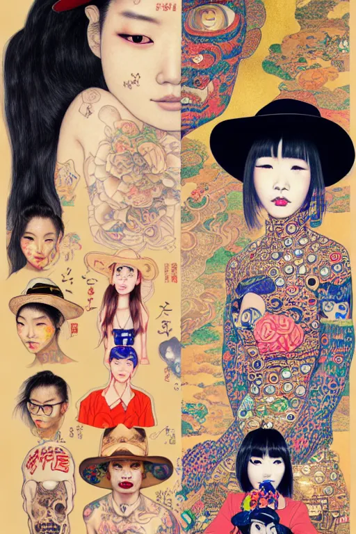 Image similar to full view of taiwanese girl with tattoos, wearing a cowboy hat, style of yoshii chie and hikari shimoda and martine johanna and and gustav klimt and will eisner, highly detailed