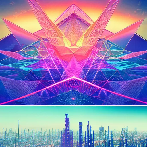 Image similar to matte painting of the sacred geometry of cyberpunk, brilliant colors, extremely detailed, very very detailed, in the style of alena aenami by Alex grey, HD, 4k, 8k