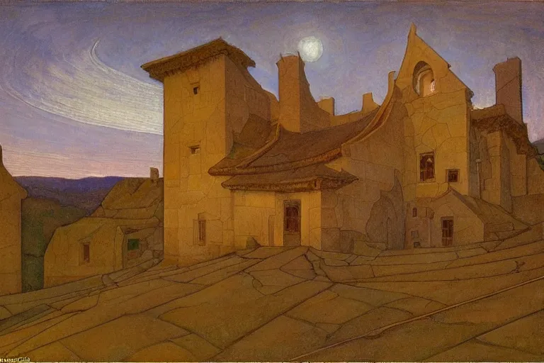 Image similar to beautiful stone house at twilight by Annie Swynnerton and Nicholas Roerich and jean delville, strong dramatic cinematic lighting , ornate tiled architecture, lost civilizations, smooth, sharp focus, extremely detailed