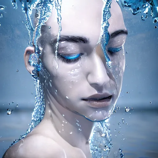 Prompt: water artwork manipulation in the shape of a human head, on the ocean water, ray tracing, realistic water sharp focus, long shot, 8 k resolution, cinematic, amazing water art, cgsociety, surreal water art