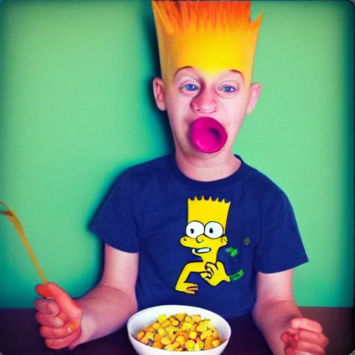 Prompt: “Bart Simpson as a real boy eating Fruit Loops”