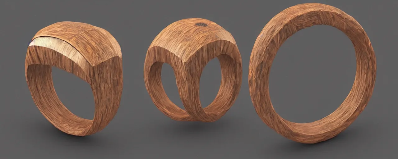 Prompt: simple wooden ring with a shield ornament, ring, wood, steel, tungsten, smooth shank, engravings, product design, jewelry, art by gerald brom, greg rutkowski and artgerm and james jean and zdzisław beksinski, 8 k, unreal engine, c 4 d