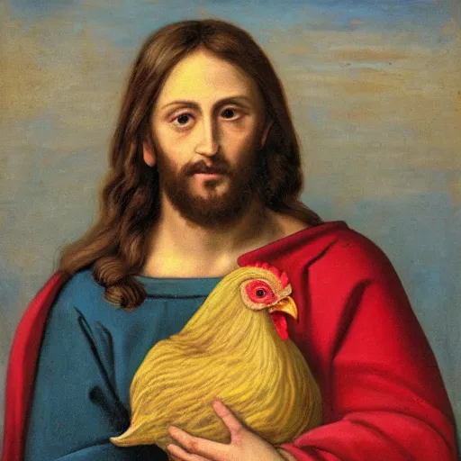 Image similar to jesus christ holding a chicken, portrait,