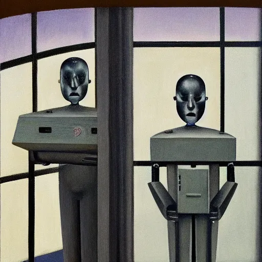 Image similar to robot bishop guards, human prisoners, brutalist supermax prison facility, end times, grant wood, pj crook, edward hopper, oil on canvas