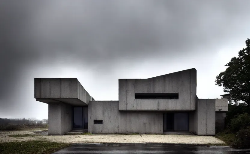 Image similar to a wide angle exterior shot of a brutalist architecture house with rainy and moody cinematic lighting by darek zabrocki and greg ruthkowski, alphonse mucha, simon stalenhag and cinematic and blue cold atmospheric, architectural visualization, archiviz, archdaily, deezen, design milk, archillect concept art, artstation, trending on artstation