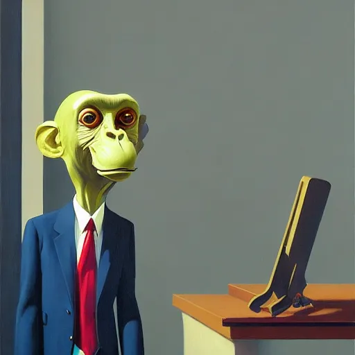 Prompt: Portrait of mr. Monkey wearing a business suit , very coherent, painted by Edward Hopper, Wayne Barlowe, painted by James Gilleard, airbrush, art by JamesJean