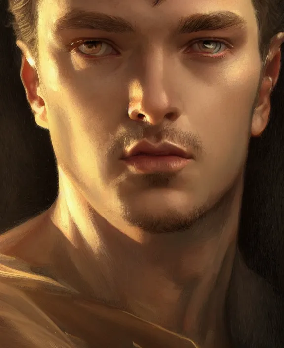 Image similar to portrait close up of guy, concentrated look, symmetry, long hair. d & d, fantasy, intricate, elegant, highly detailed, digital painting, artstation, concept art, art by artgerm and greg rutkowski and alphonse mucha, boris vallejo