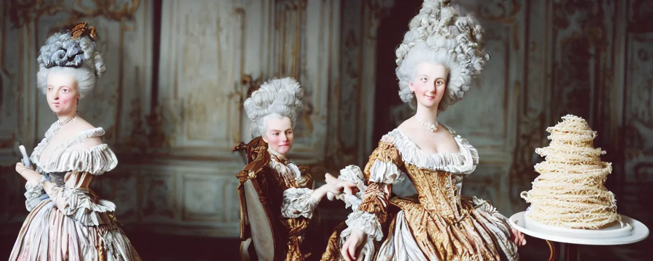 Prompt: marie antoinette in front of a cake made of spaghetti, high detailed face canon 5 0 mm, super detailed face, facial expression, cinematic lighting, photography, retro, film, kodachrome