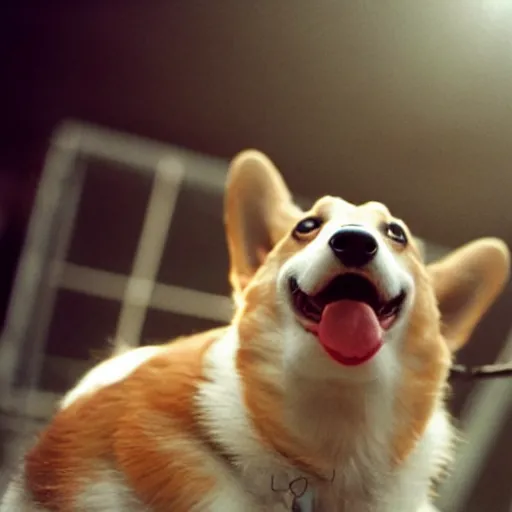 Prompt: film still of a corgi in a jersey dunking a basketball like michael jordan, low angle, show from below, tilted frame, 3 5 °, dutch angle, extreme long shot, high detail, indoors, dramatic backlighting.