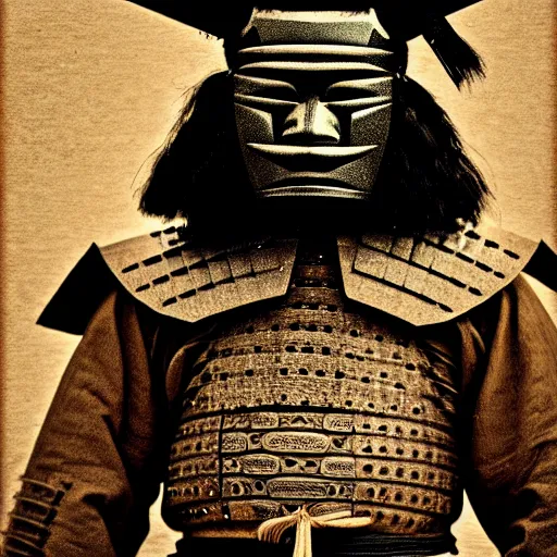 Image similar to a potrait of a samurai warrior taken in 1 6 3 0, in a circle, kodak 4 0 0, nft style, facing sideways, wearing an oni mask, grain, scretch, high quality, 8 k, photorealistic, real, old photo style