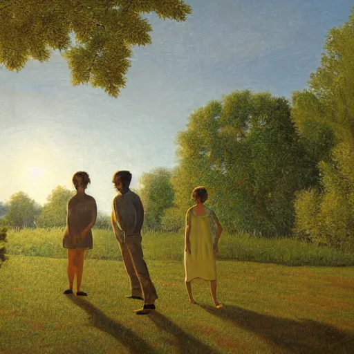 Prompt: Photograph. Conceptual art, the warm, golden light of the sun casts a beautiful glow on the scene, and the gentle breeze ruffles the leaves of the trees. The figures in the conceptual art are engaged in a simple activity, the way they are positioned and the expressions on their faces suggest a deep connection. Peace and contentment, idyllic setting. Shutterstock by Brian Despain, by Andrew Macara washed-out