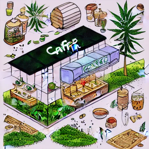 Image similar to vector drawn line art of cannabis cafe, isometric art, shading layer complete watercolor