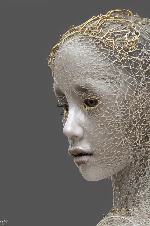 Prompt: a melancholic realistic 8k Sculpture of a complex robotic human face, liquid simulation, dramatic lighting, silver gold red details, hexagonal mesh wire, filigree intricate details, cinematic, fleshy musculature, white blossoms, elegant, octane render, art nouveau, 8k post-processing, intricate artwork by WLOP