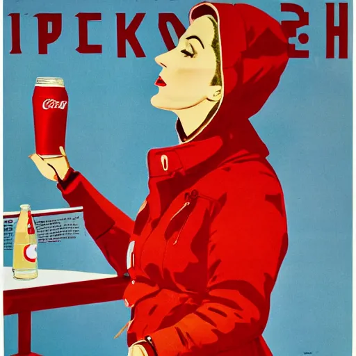 Image similar to a beautifully detailed image of a woman in a parka drinking a bottle of coke, constructivist, russian, soviet advertisement, 1 9 6 0's