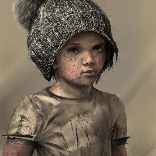 Image similar to detailed half body digital art for a game of a child wearing ragged, heavy and ruined clothes with a winter hat. moody and melanchony. the background is dark.