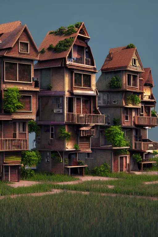 Prompt: stacked houses, solarpunk, jean - baptiste monge, octane render, 4 k