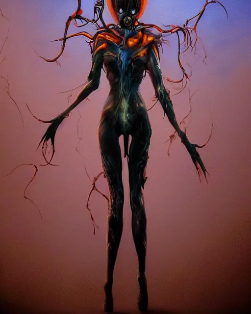 Image similar to dark full body painting of tracer from overwatch, in style of zdzisław beksinski, scary, horror, 4 k, feminine facial features, overwatch tracer character, horror, body horror, disturbing, detailed face, dressed in dark garment, black tendrils, tall, long legs,